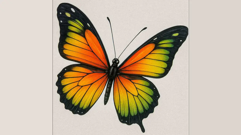 Fresque murale d’un papillon tropical multicolore à Ter;re-de-Haut, Les Saintes.