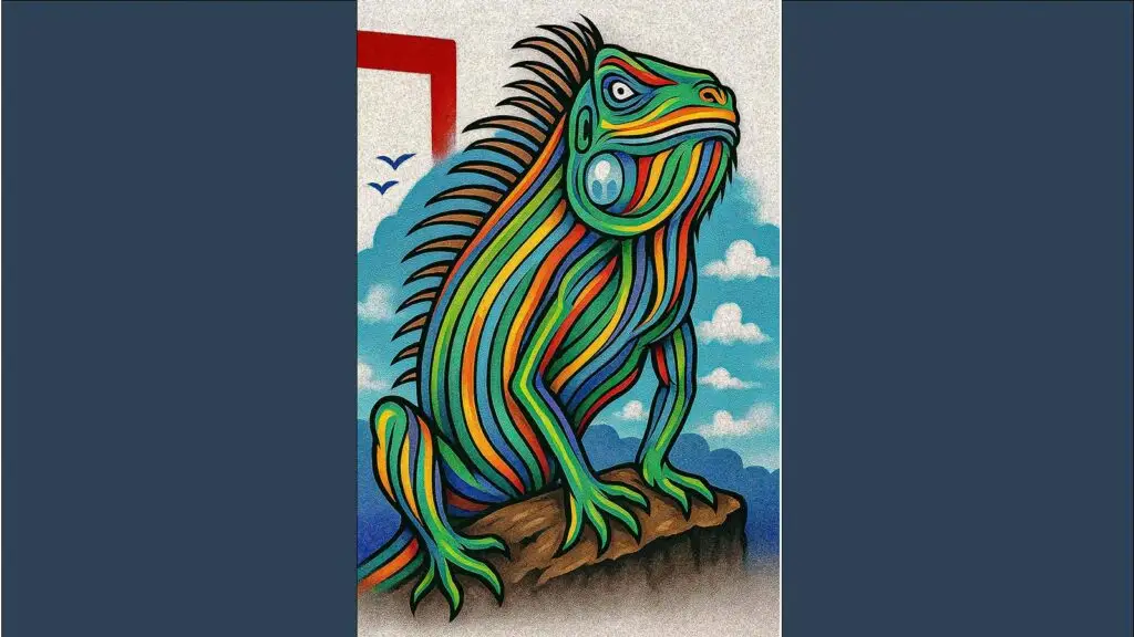 Fresque colorée représentant un iguane multicolore sur fond tropical, à Terre-de-Haut, Les Saintes